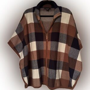 Tahari Sz Large/XL Brown Cream Plaid Heavy Knit Poncho w/ full zipper